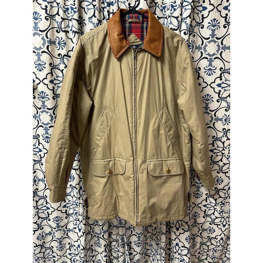 Splitrail Gant Vtg Barn Chore Jacket Sz S Tan Red Plaid Lining Leather Collar